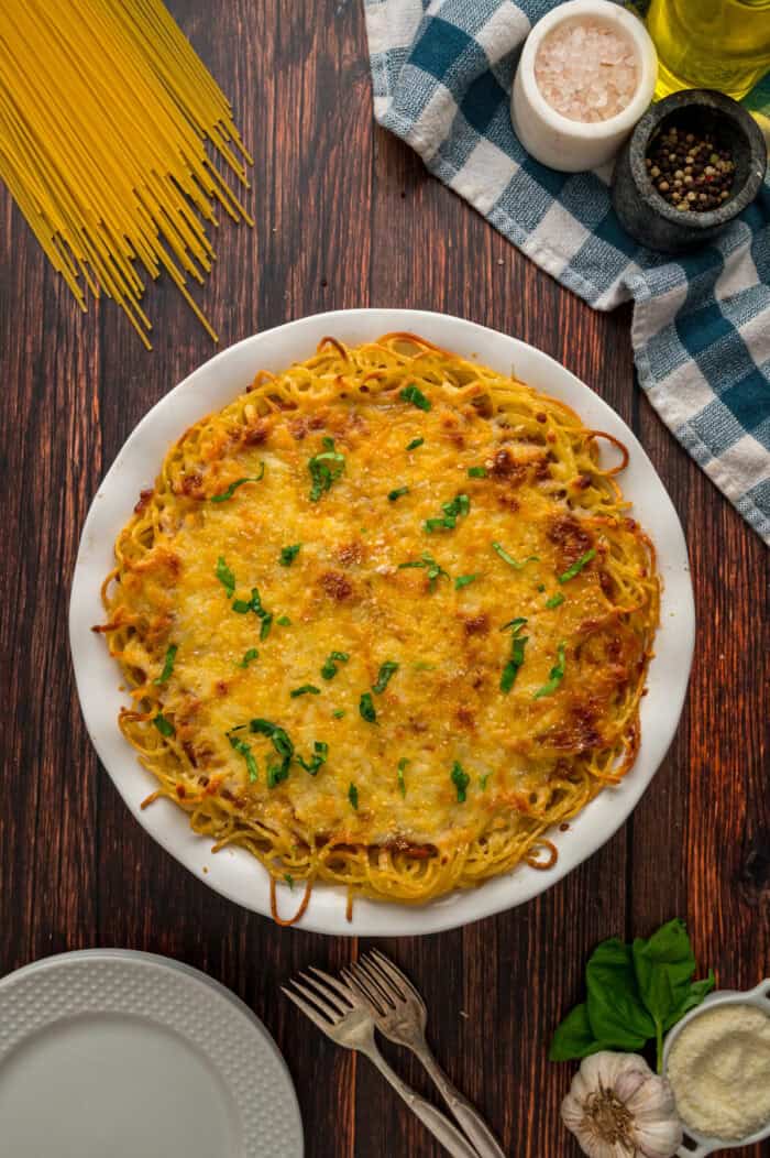 Overhead view of baked spaghetti pie