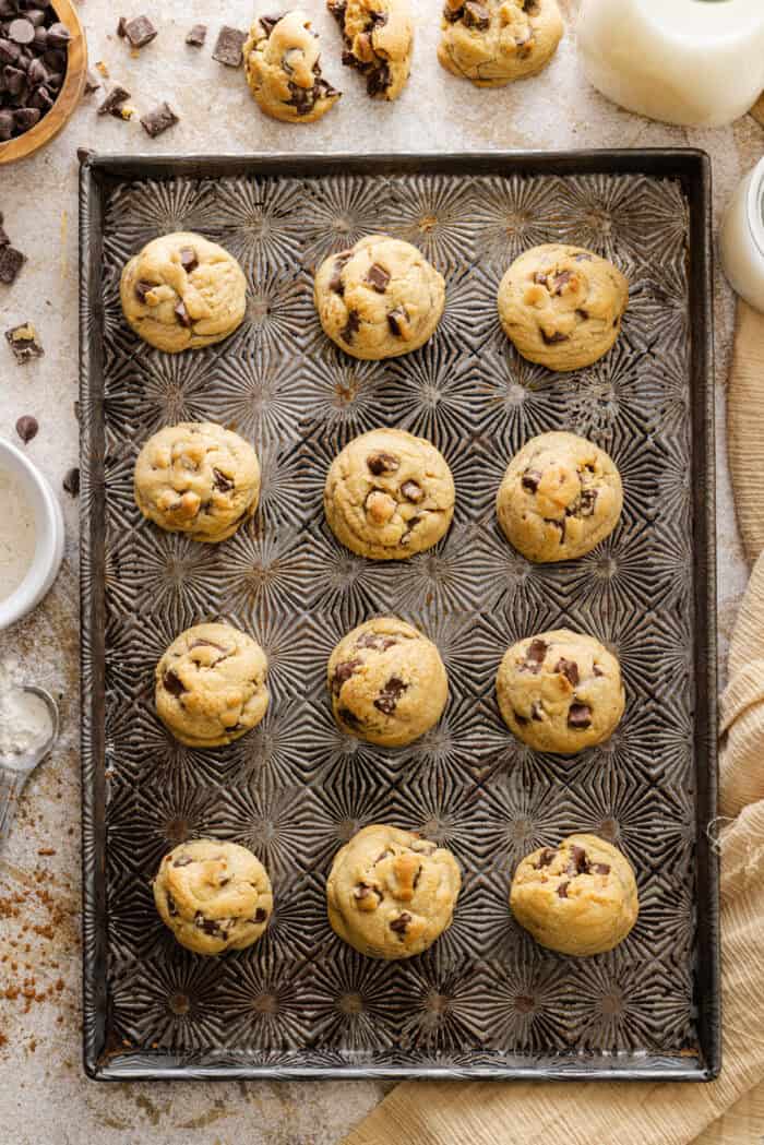 Overhead view of gooey chocolate chip cookies on a baking sheet