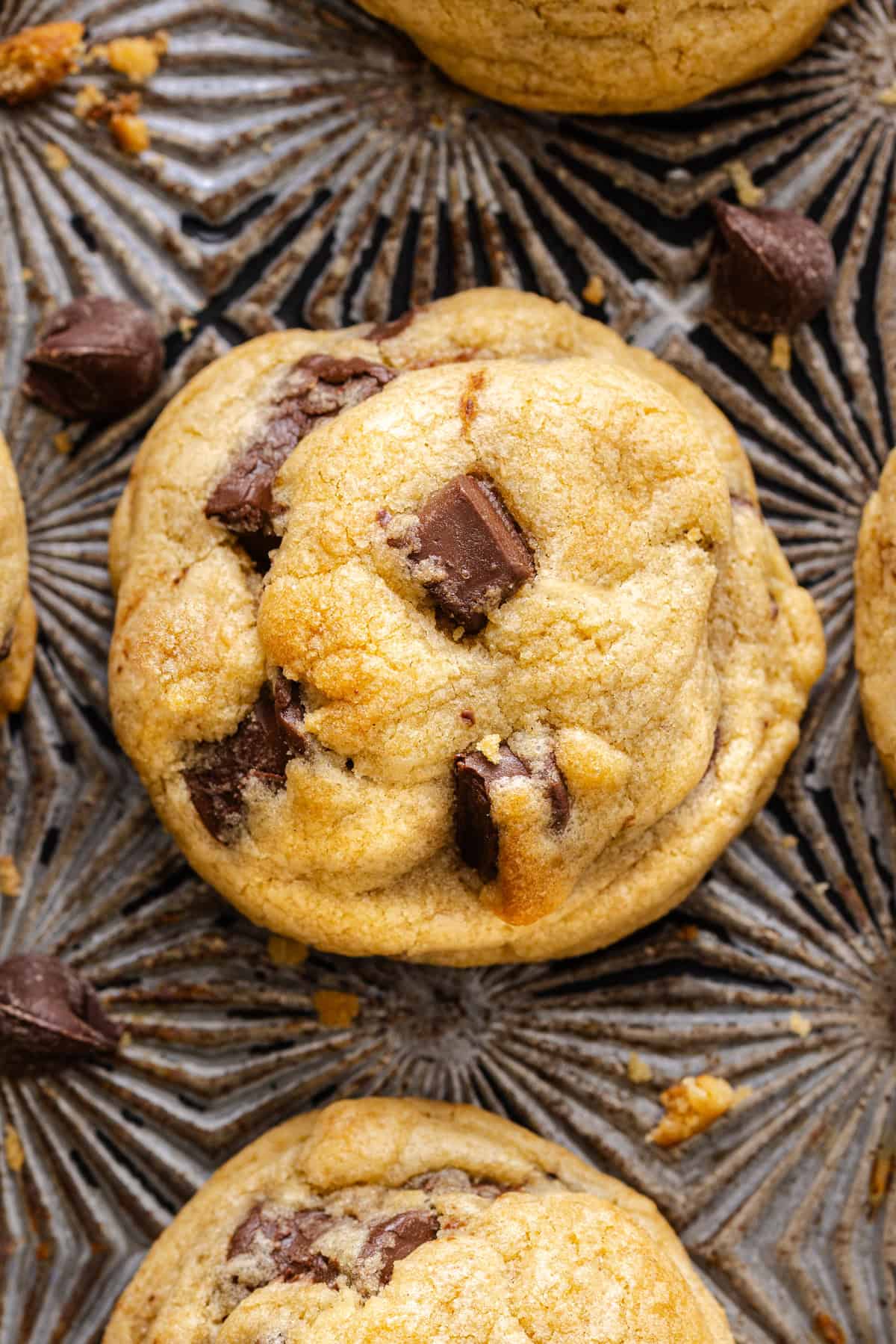 Close up of a gooey chocolate chip cookie