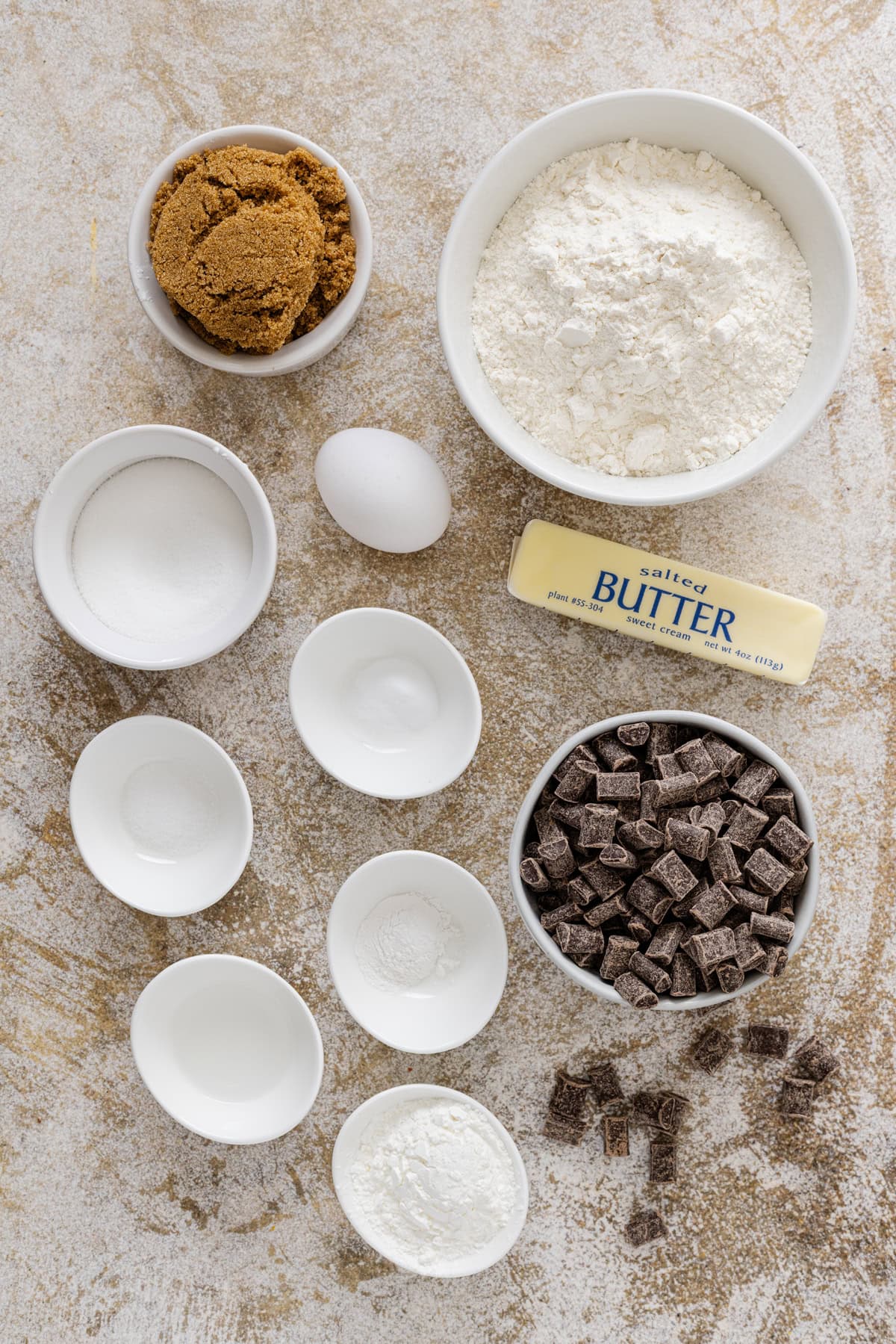 Overhead view of ingredients for gooey chocolate chip cookies