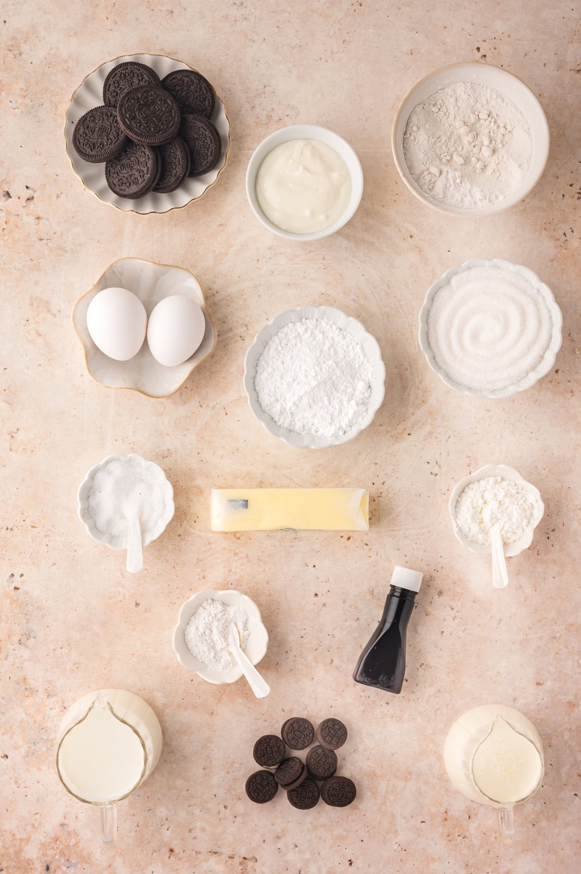 Overhead view of ingredients needed to make Oreo cake