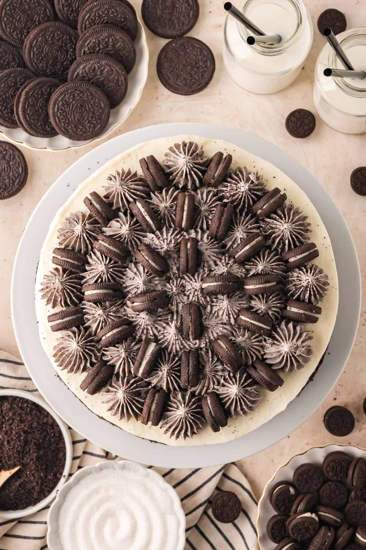 Overhead view of an Oreo cake
