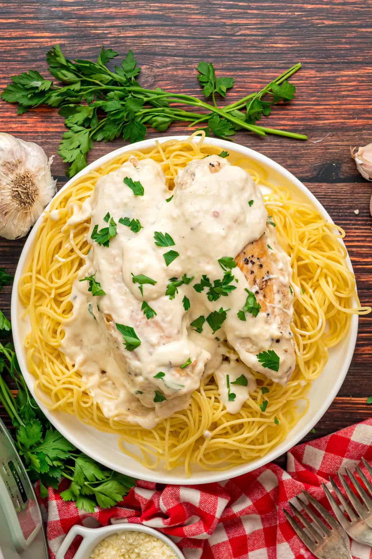 Overhead view of a plate of angel chicken pasta