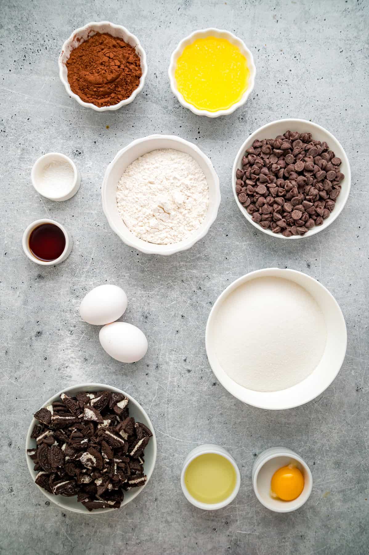 Overhead view of ingredients needed to make Oreo brownies