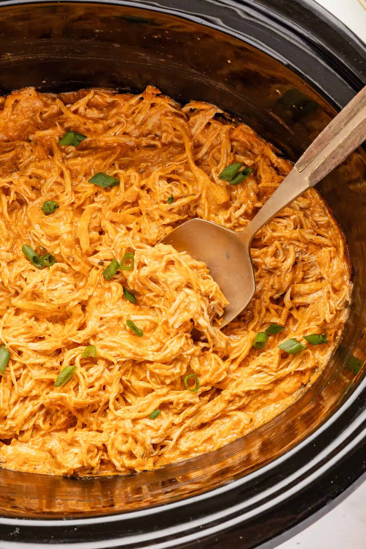 Made with just 4 ingredients, this Slow Cooker Buffalo Chicken is tender, juicy, and creamy with just the right amount of heat. Slow Cooker Buffalo Chicken with a spoon