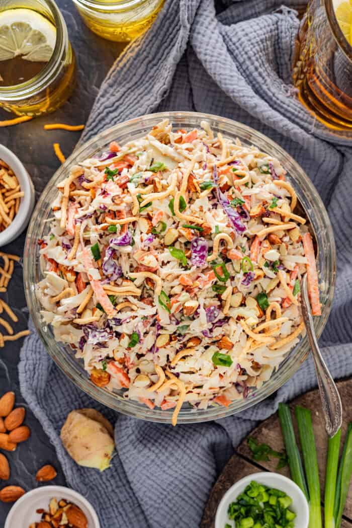 Overhead view of a bowl of Asian coleslaw