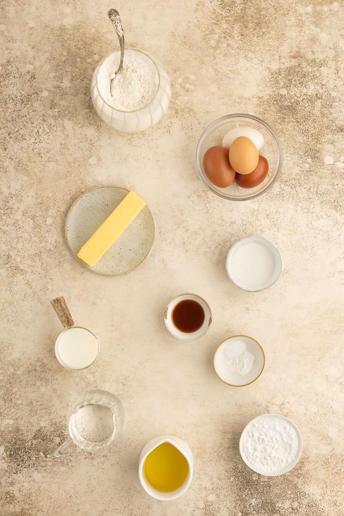 Overhead view of ingredients needed to make French crullers