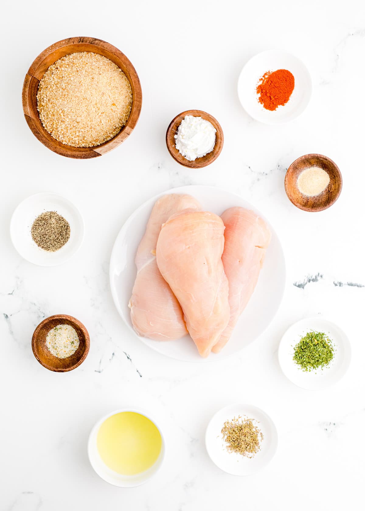 Overhead view of ingredients needed to make shake and bake