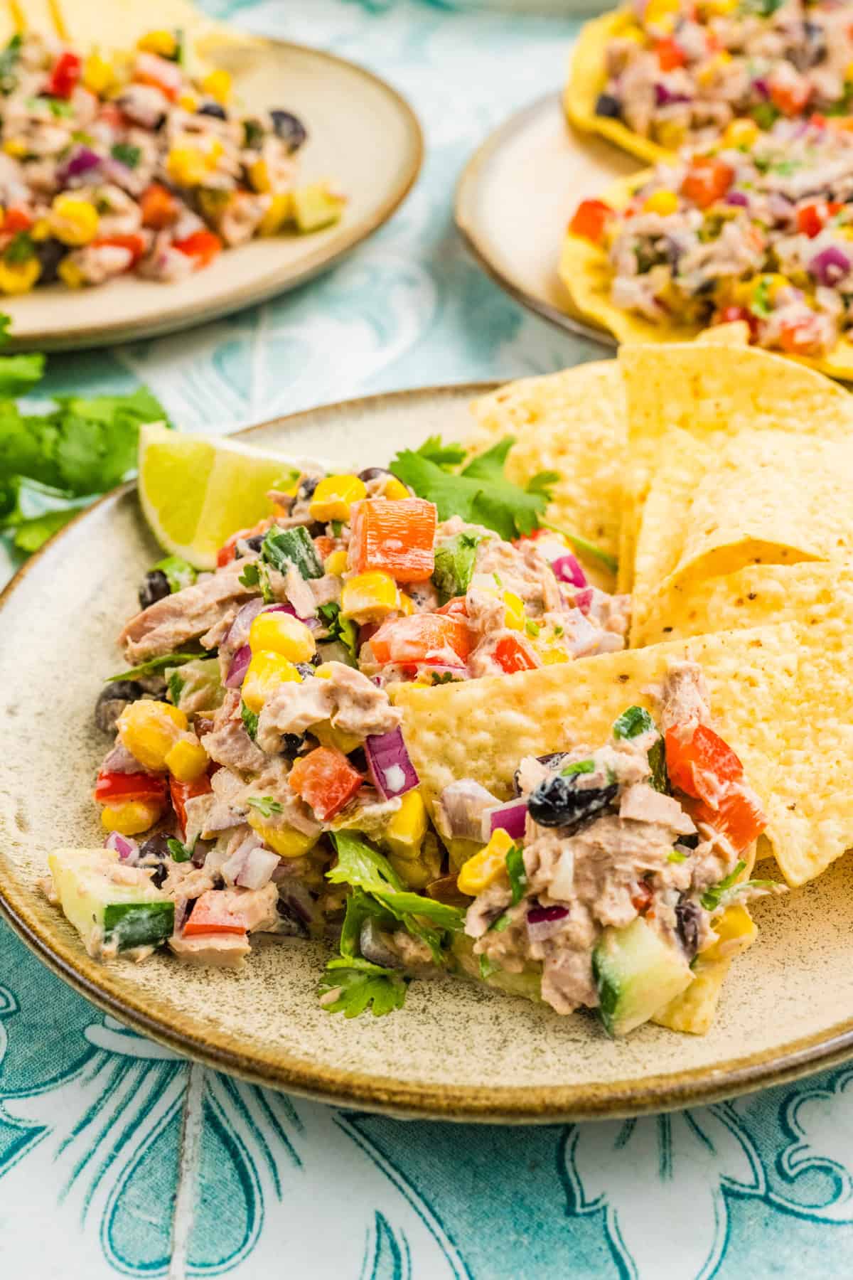 A plate of Mexican tuna salad with tortilla chips
