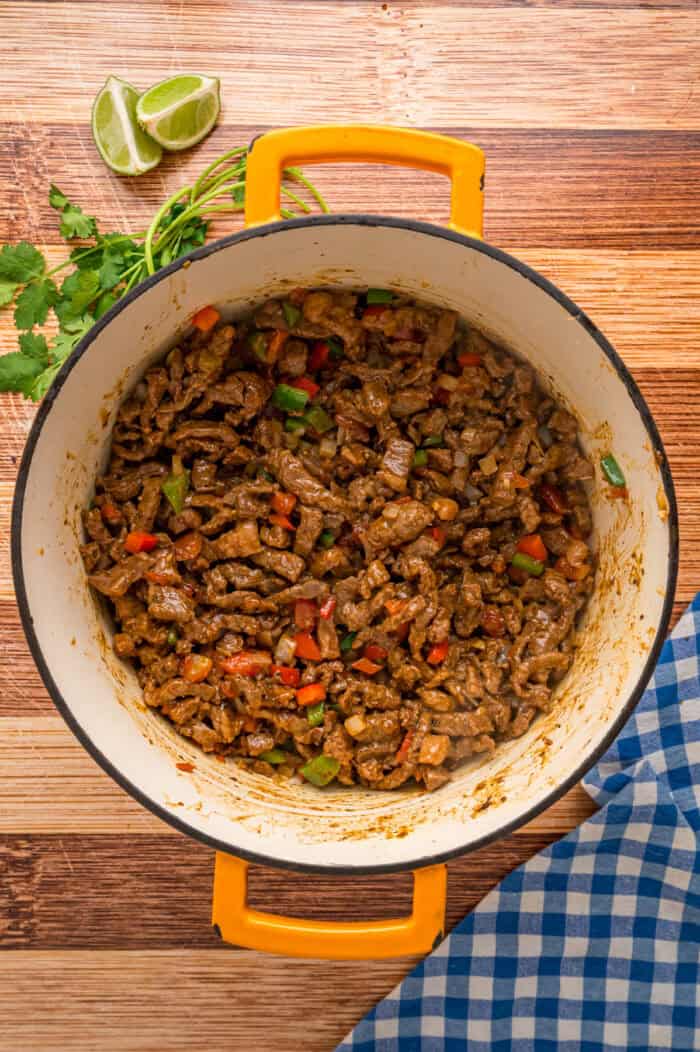 A Dutch oven of carne picada
