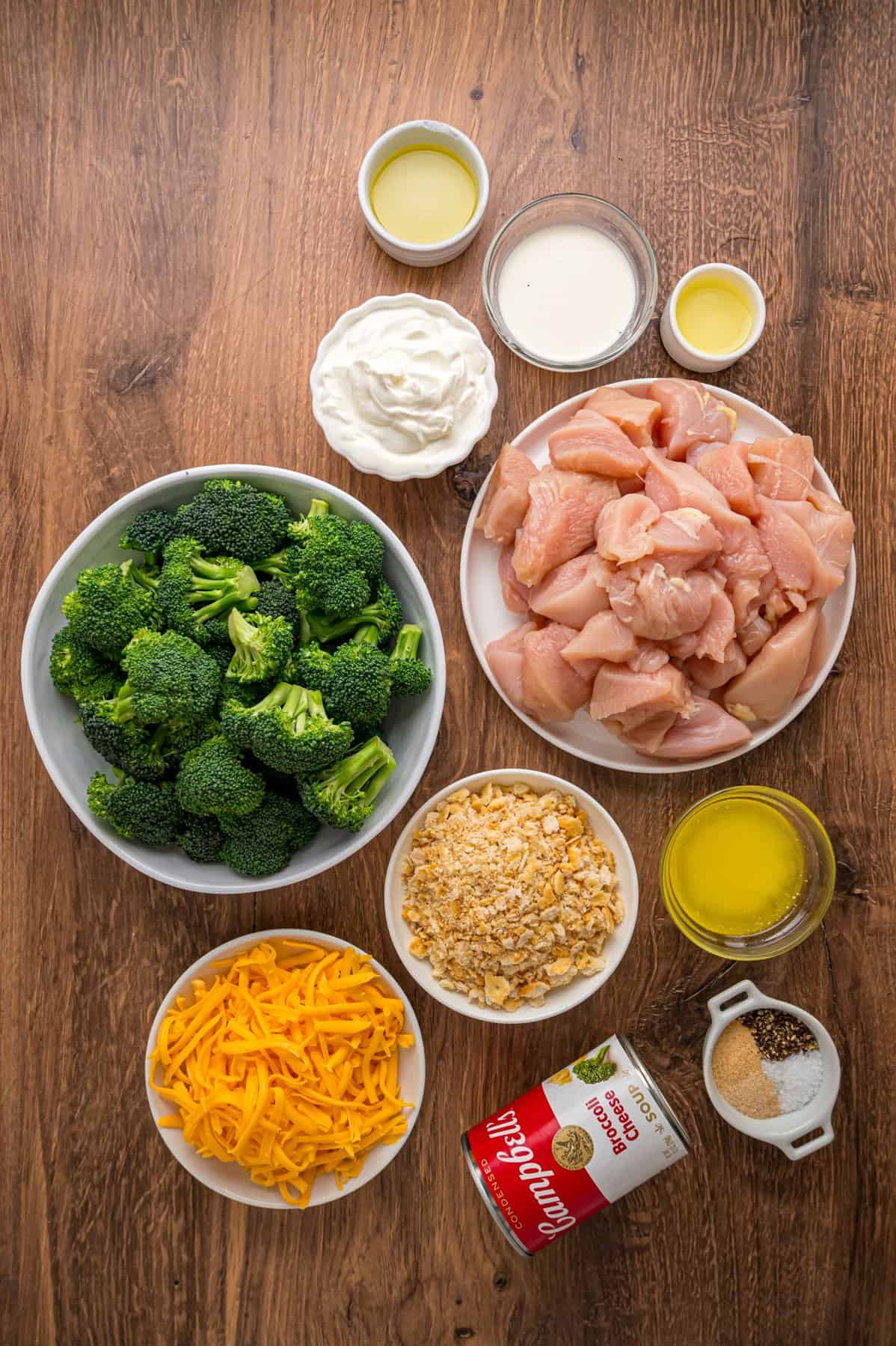 Overhead view of ingredients in chicken divan casserole