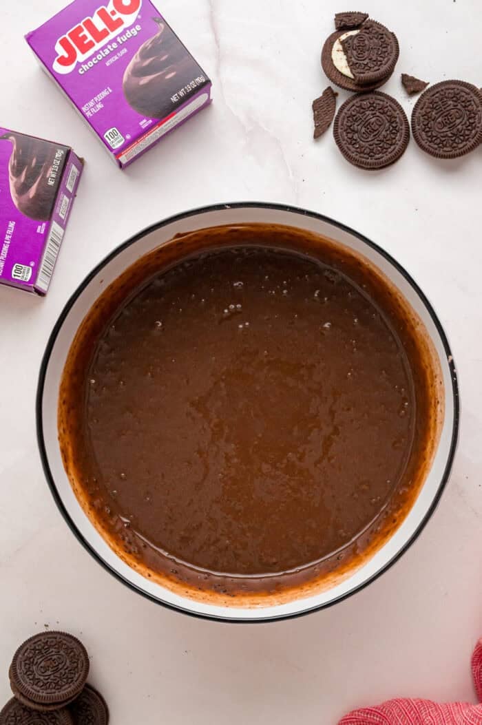 With a smooth, creamy filling in an Oreo crust, this Chocolate Pudding Pie is made in 15 minutes with 5 ingredients & 0 cooking or baking. Chocolate pudding in a bowl