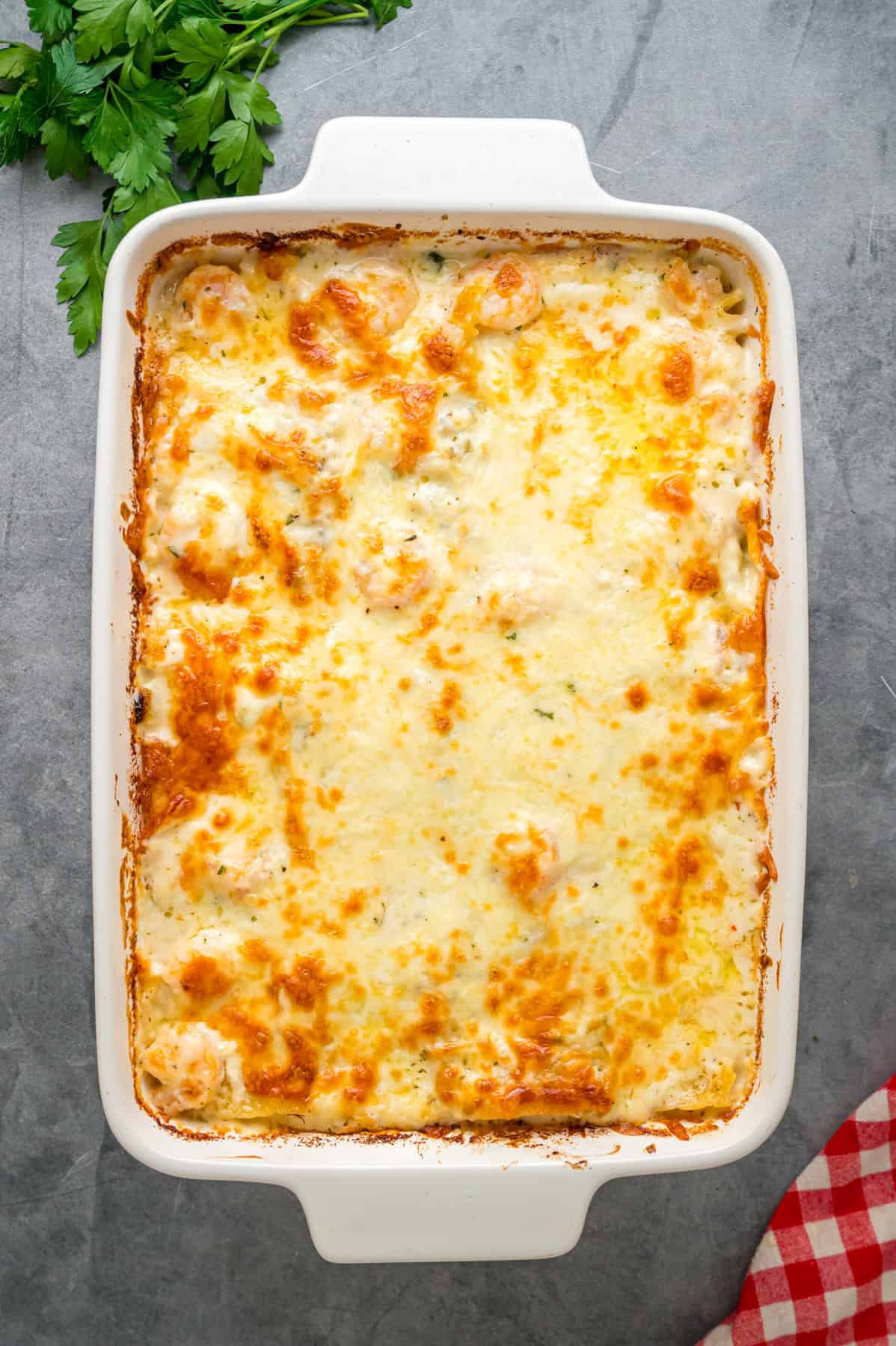 Overhead view of a pan of seafood lasagna