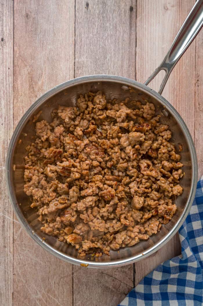 Crumbled Italian sausage in a pan