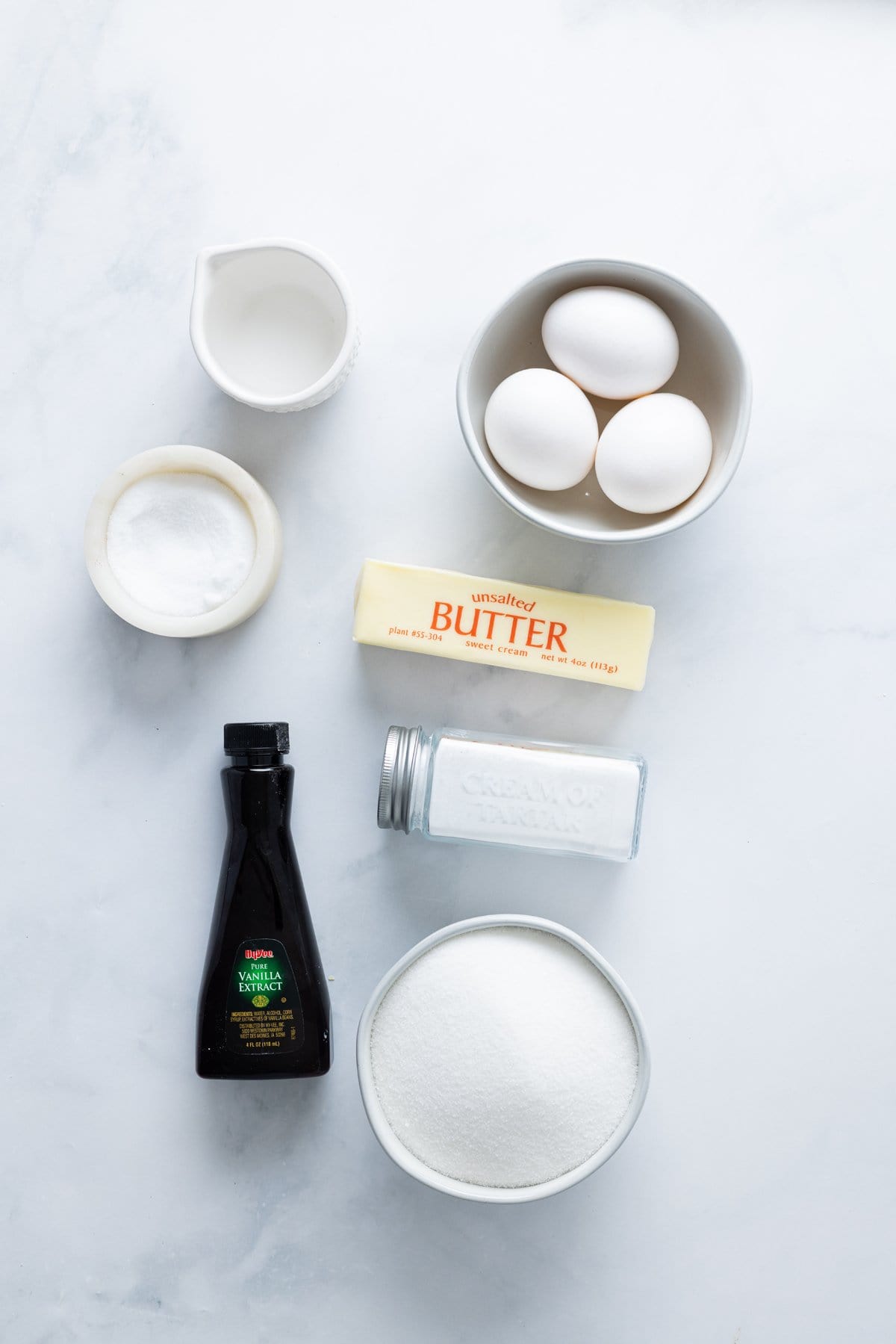 Overhead view of ingredients needed to make Italian meringue buttercream