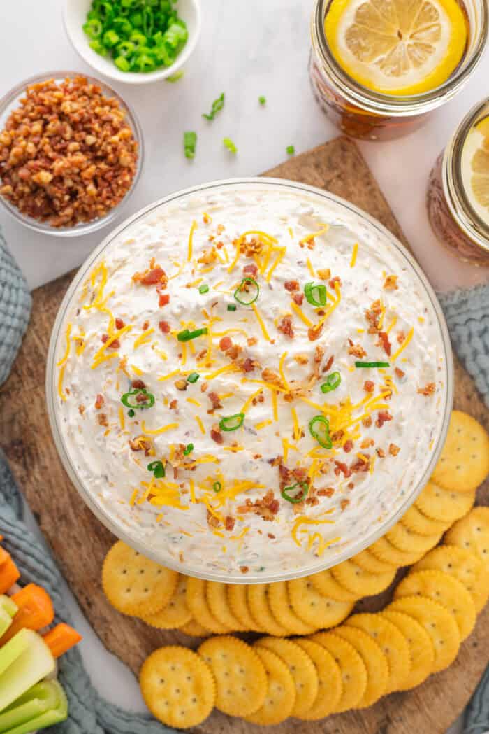 Overhead view of a bowl of million dollar dip