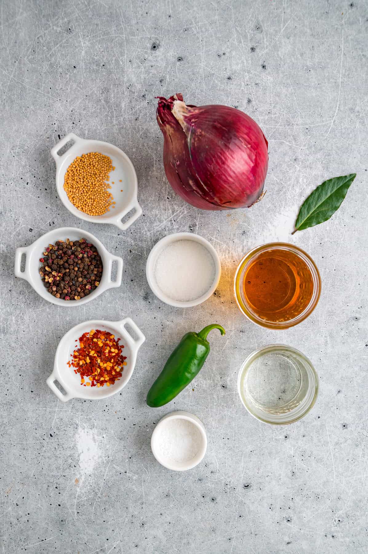 Overhead view of ingredients needed to make pickled red onions