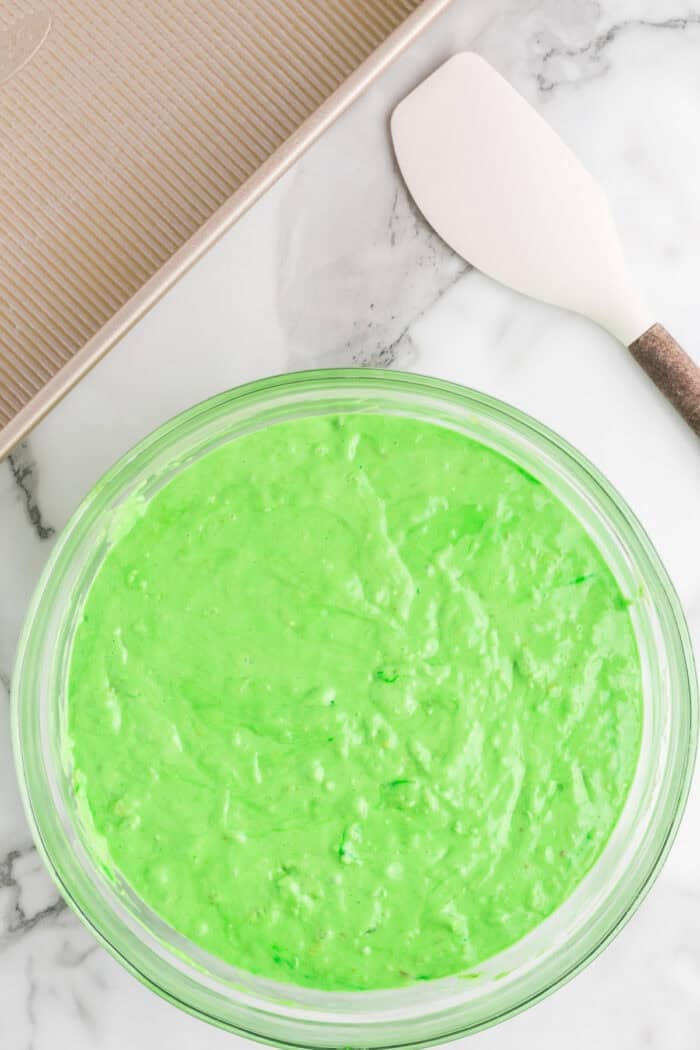 Pistachio cake batter in a bowl