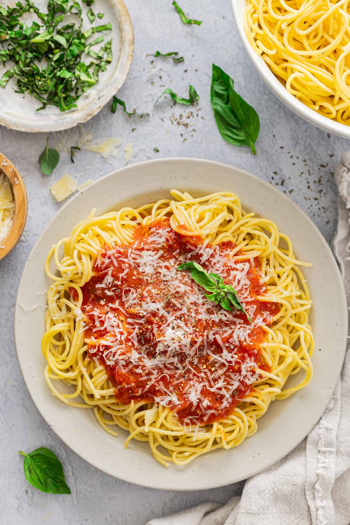Overhead view of a plate of spaghetti pomodoro