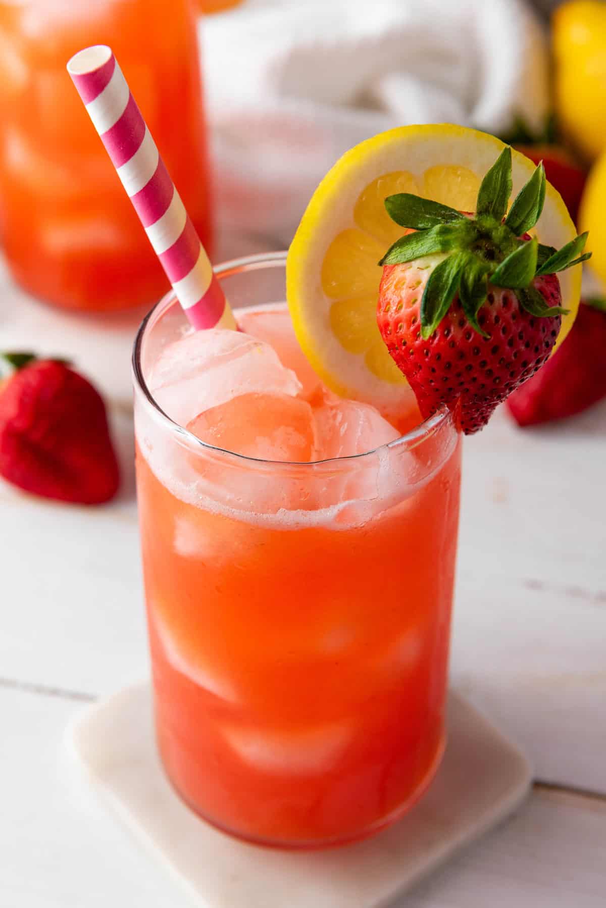 Overhead view of a glass of strawberry lemonade