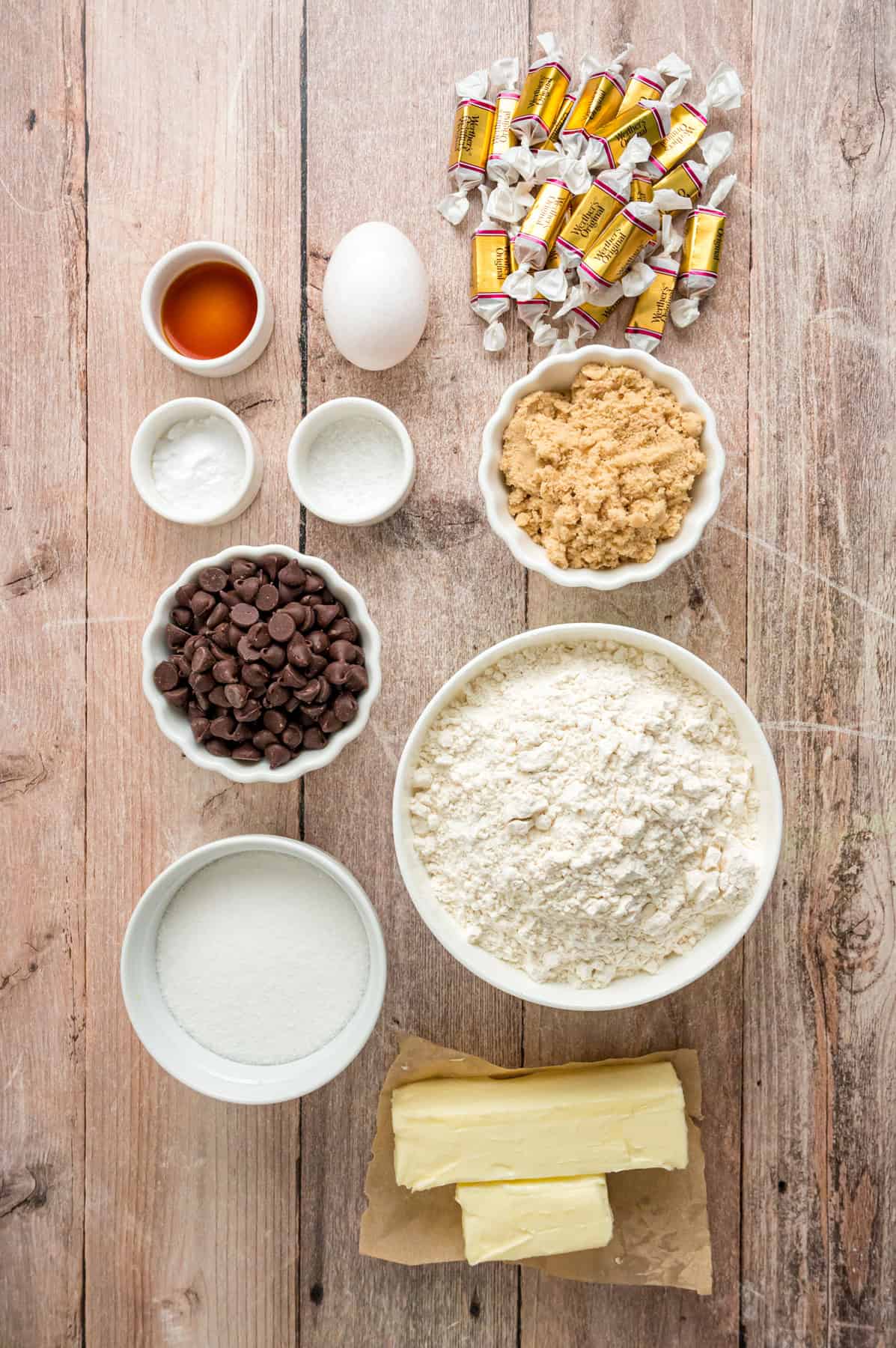 Overhead view of ingredients needed to make caramel chocolate chip cookies