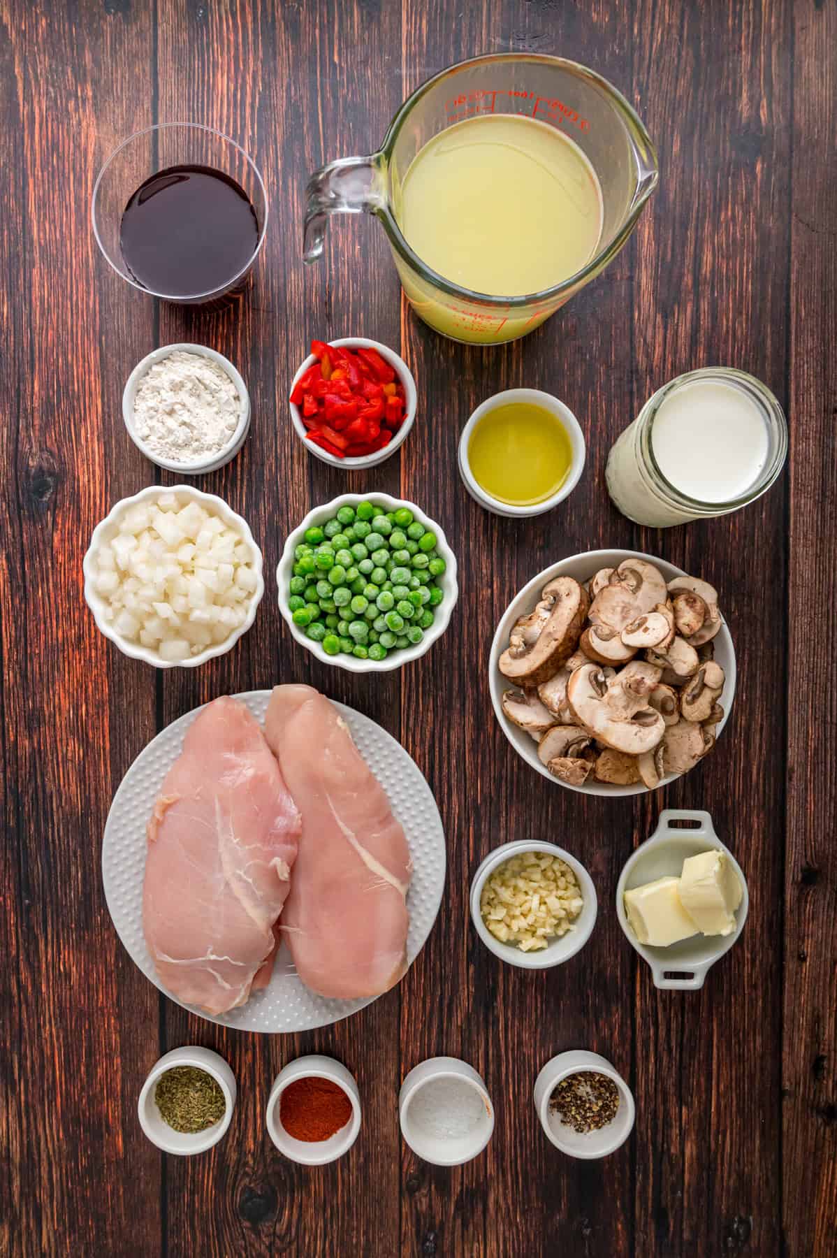 Overhead view of ingredients needed to make chicken a la king