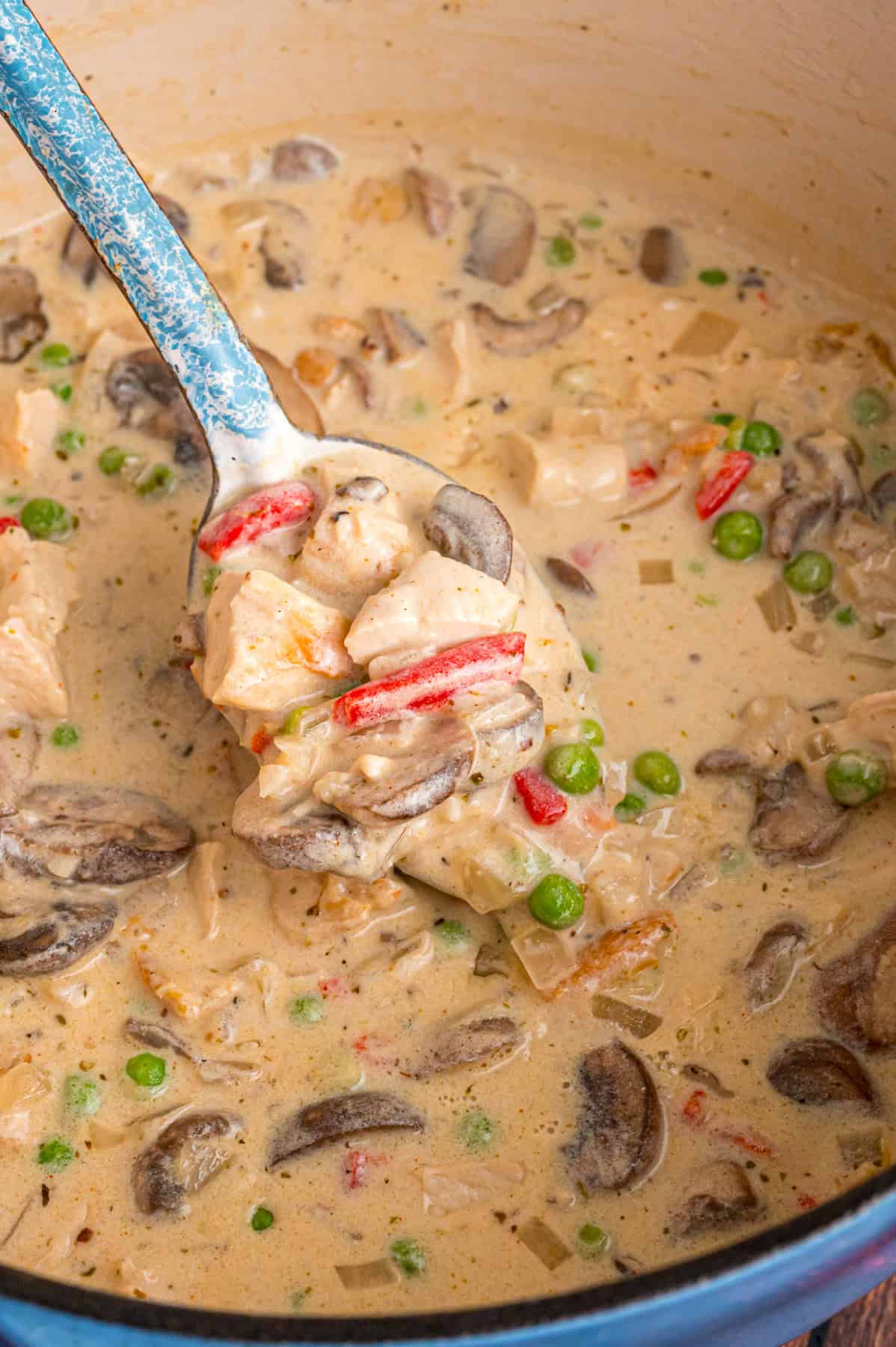 Chicken a la King is a cozy, comforting dish with diced chicken breast, peas, and mushrooms in a cream sauce. A spoon in a pot of chicken a la king