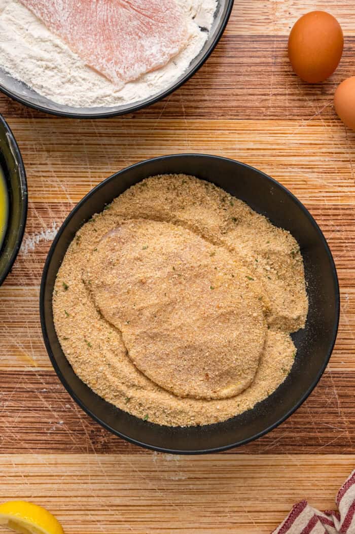 A chicken cutlet in breadcrumbs