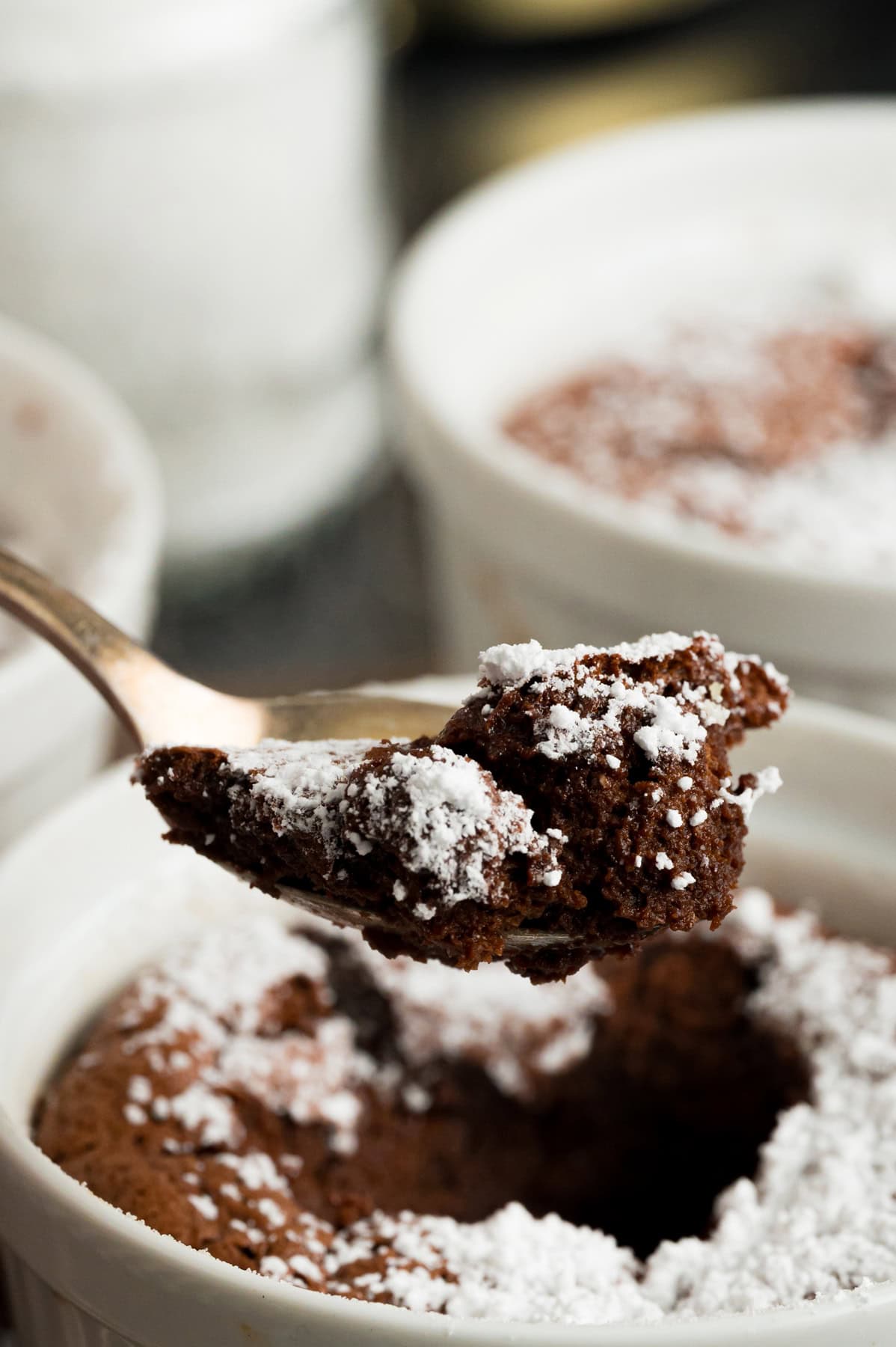 Close up of a spoonful of chocolate souffle