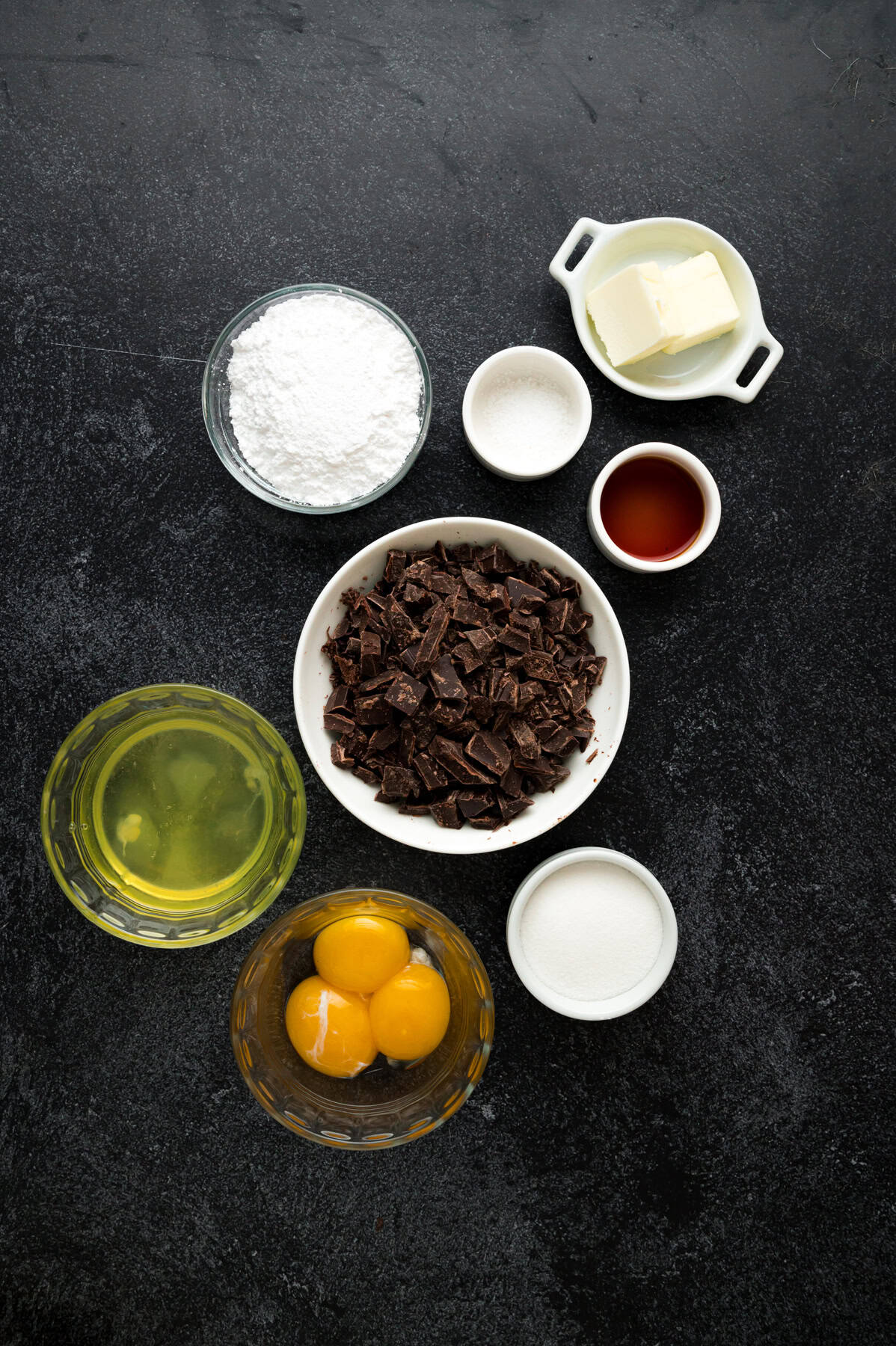 Overhead view of ingredients needed to make chocolate souffle