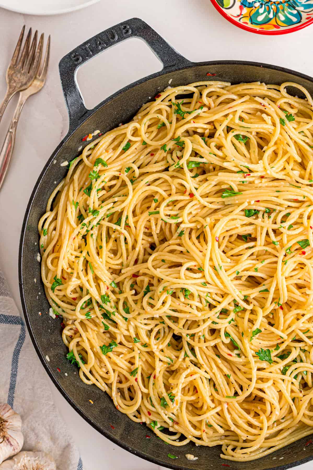 A pan of garlic butter noodles