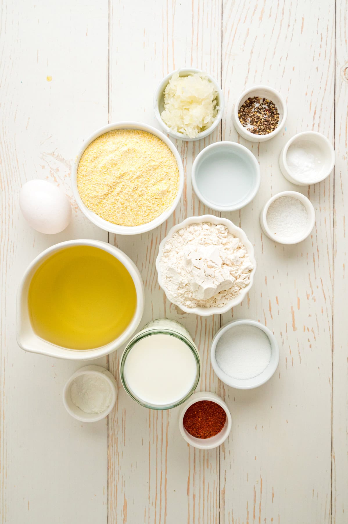 Overhead view of ingredients to make hush puppies recipe