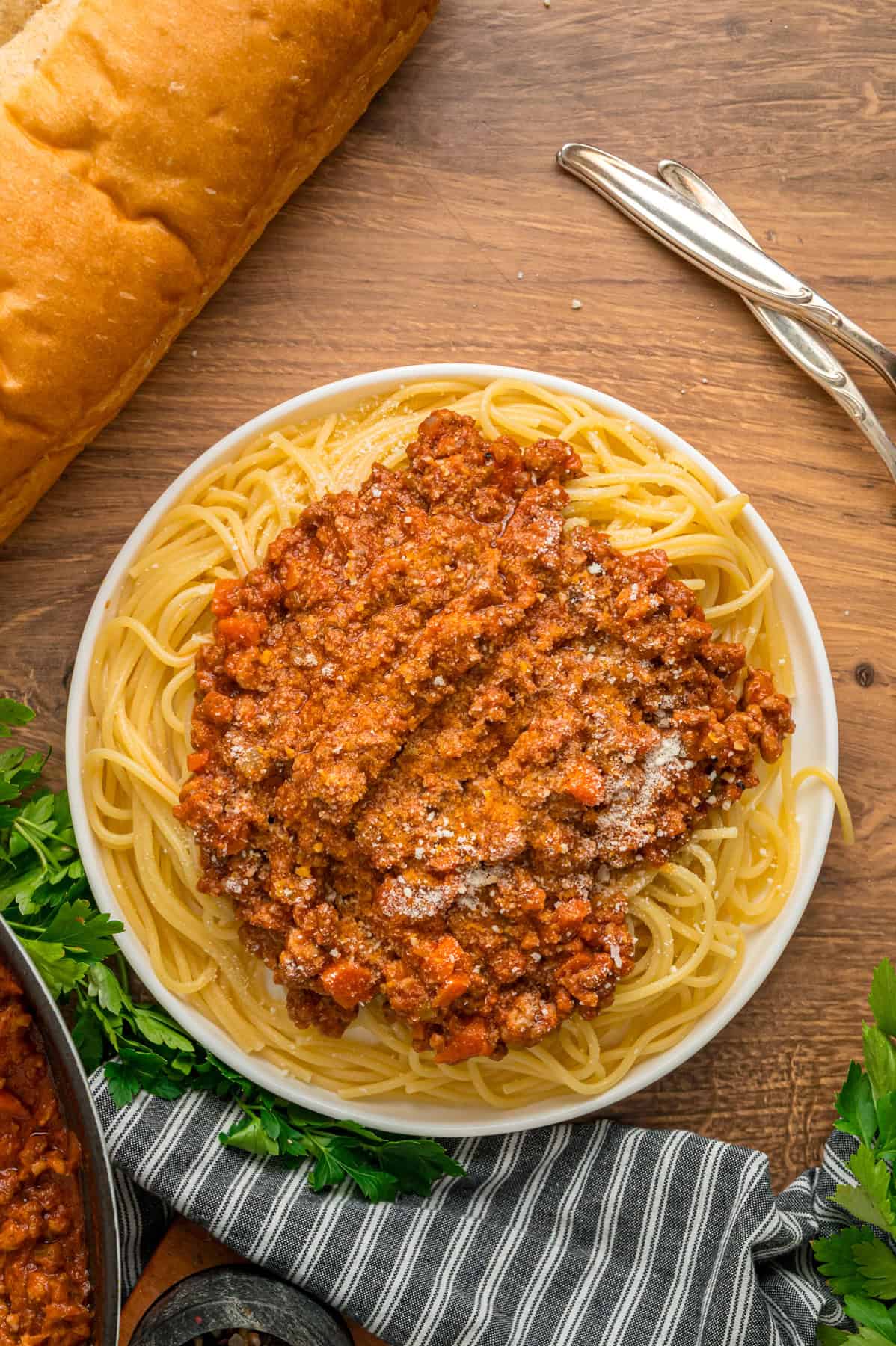 Overhead view of a plate of spaghetti bolognese