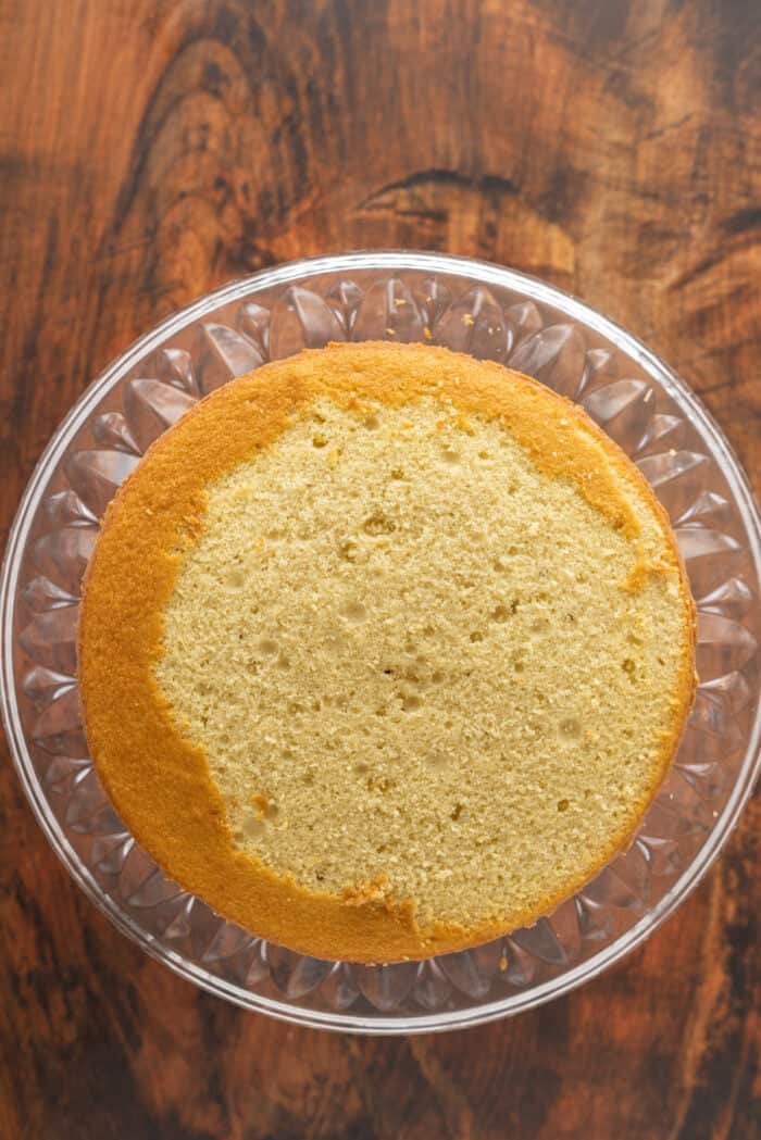 Overhead view of a layer cake with the dome removed