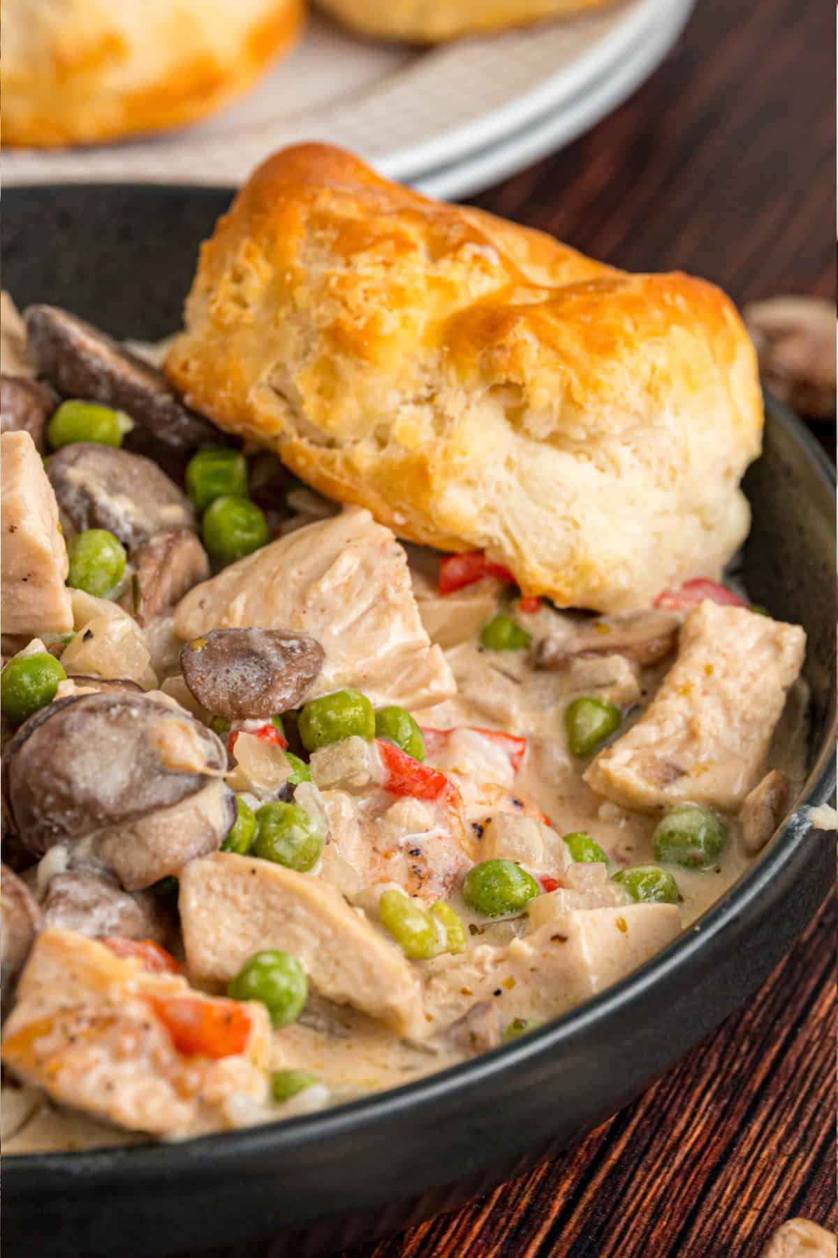 Chicken a la King in a bowl with a biscuit