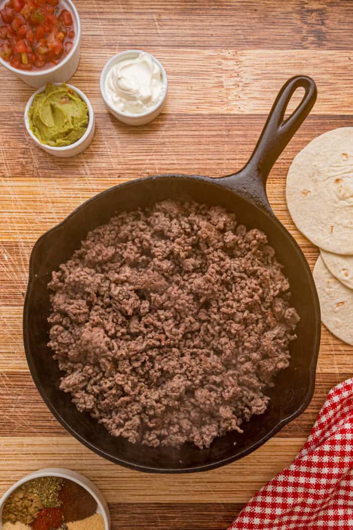 Ground beef in a cast iron skillet