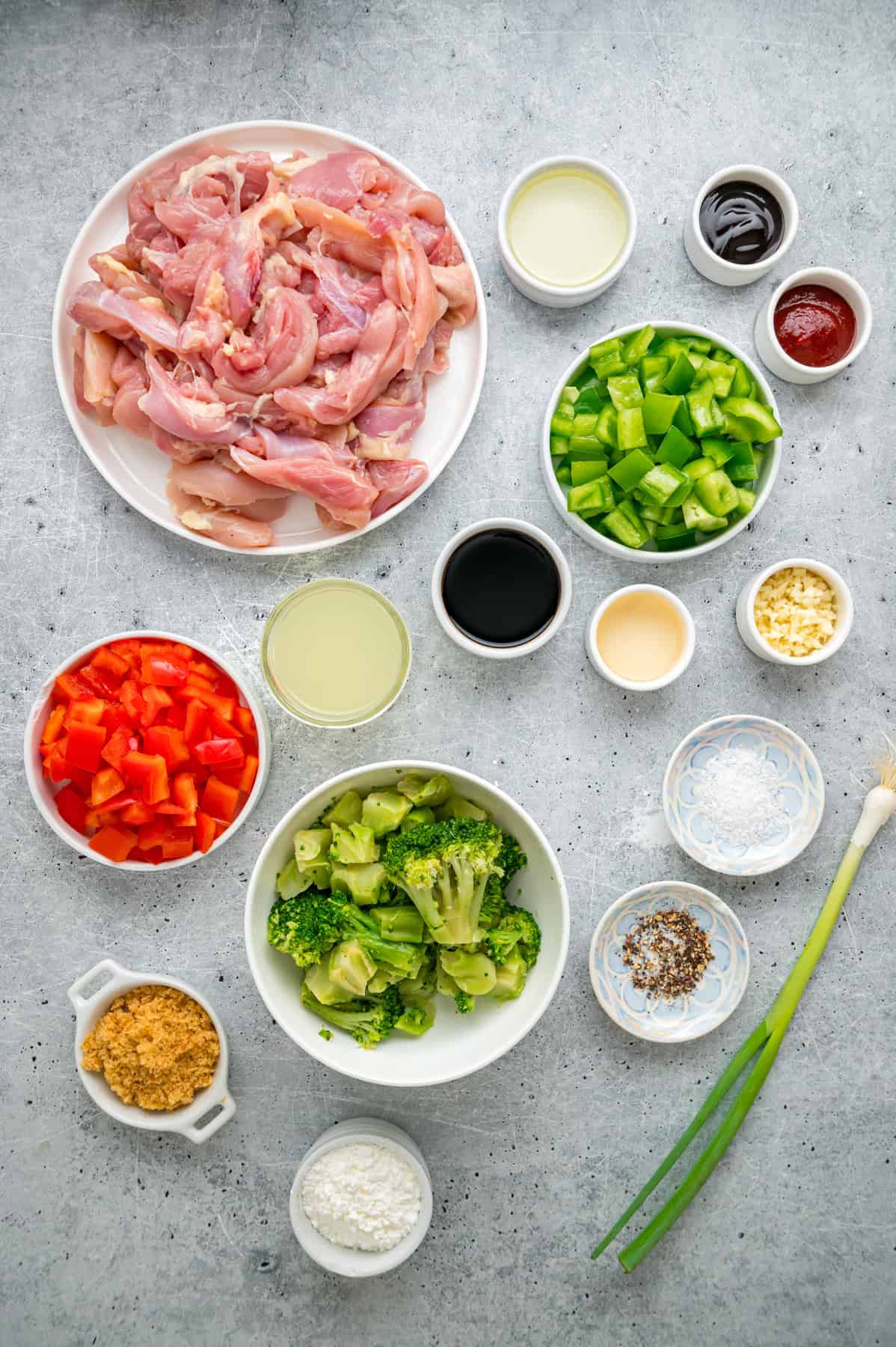 Overhead view of ingredients needed to make Hunan chicken