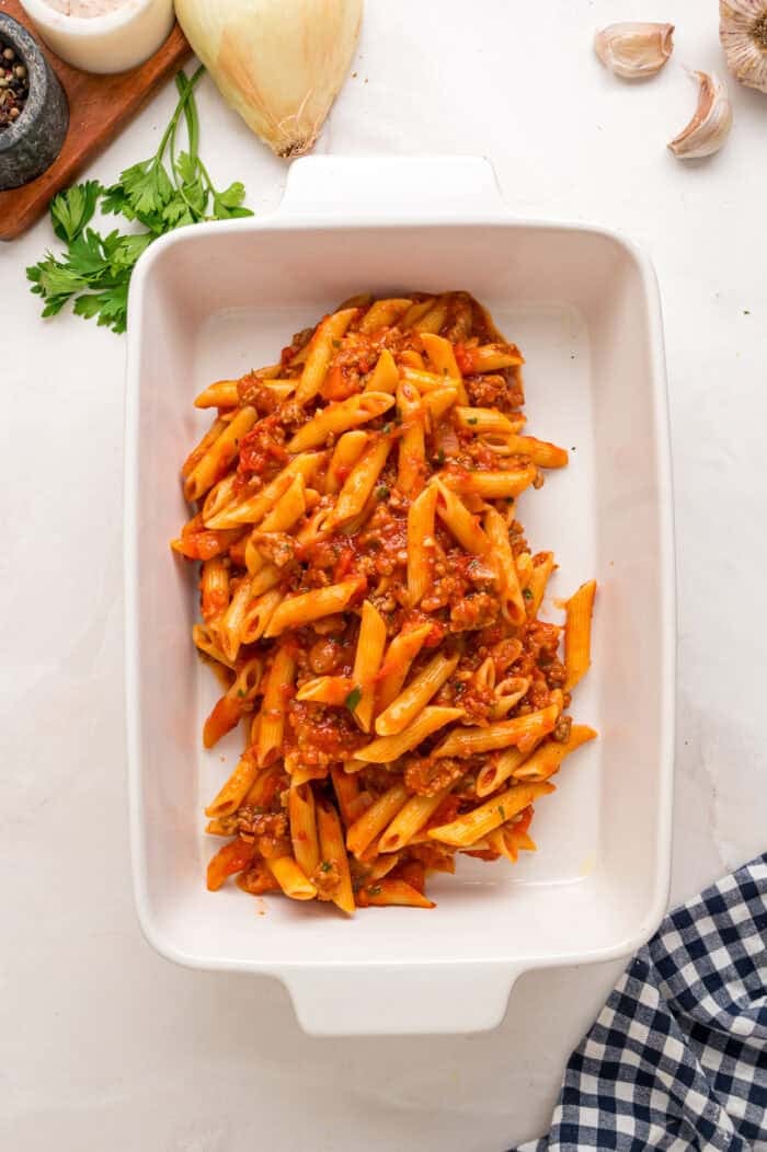 Mostaccioli pasta in a casserole dish
