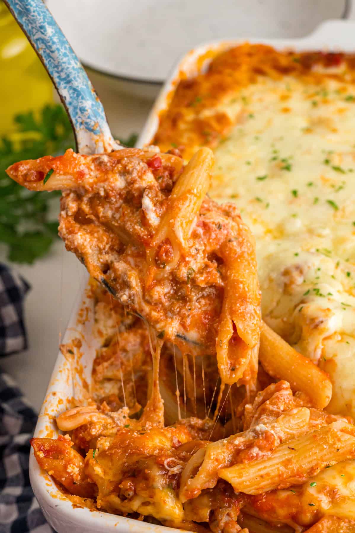 A spoon serving mostaccioli