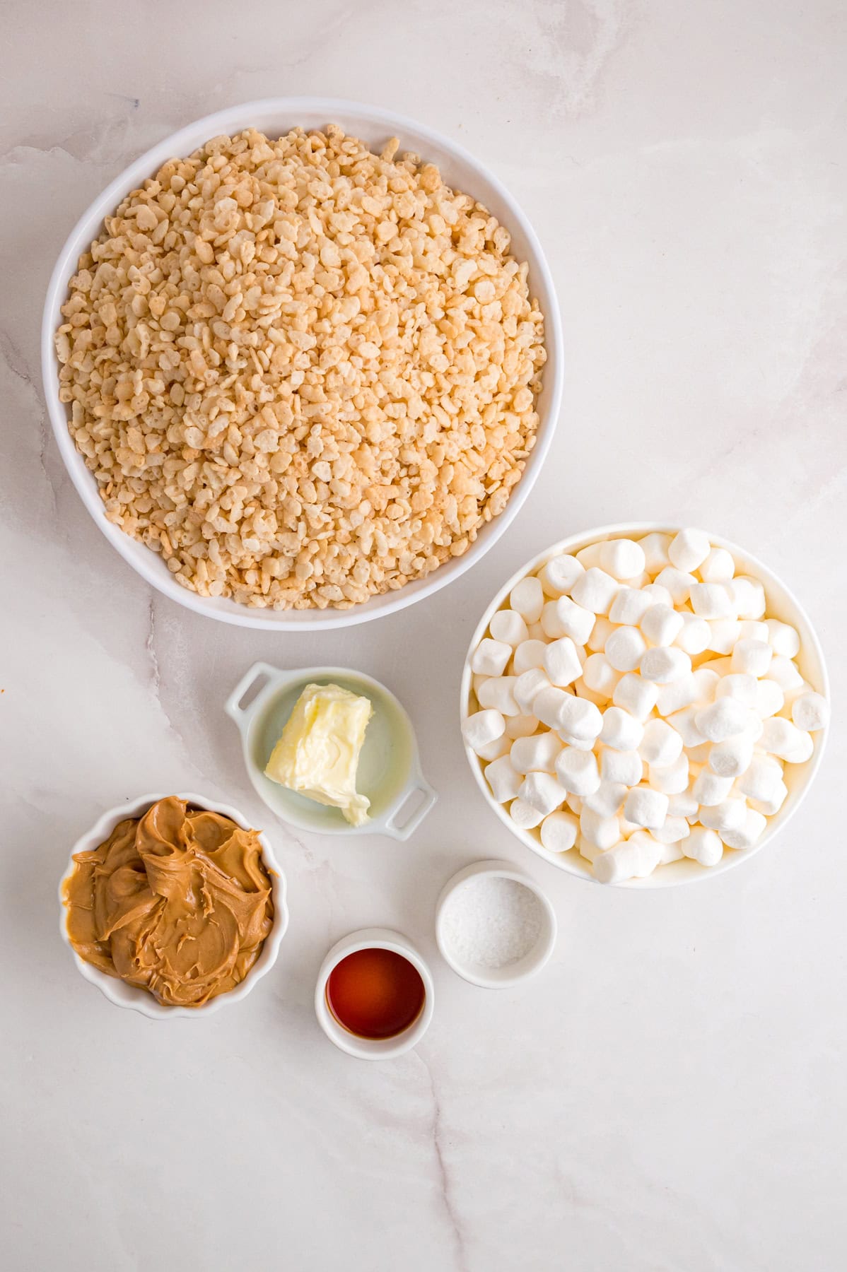 Overhead view of ingredients needed to make peanut butter rice krispie treats