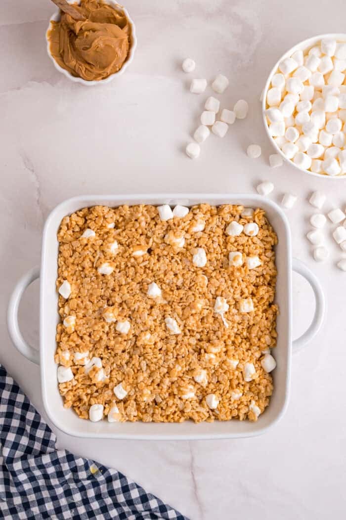 A pan of peanut butter rice krispie treats