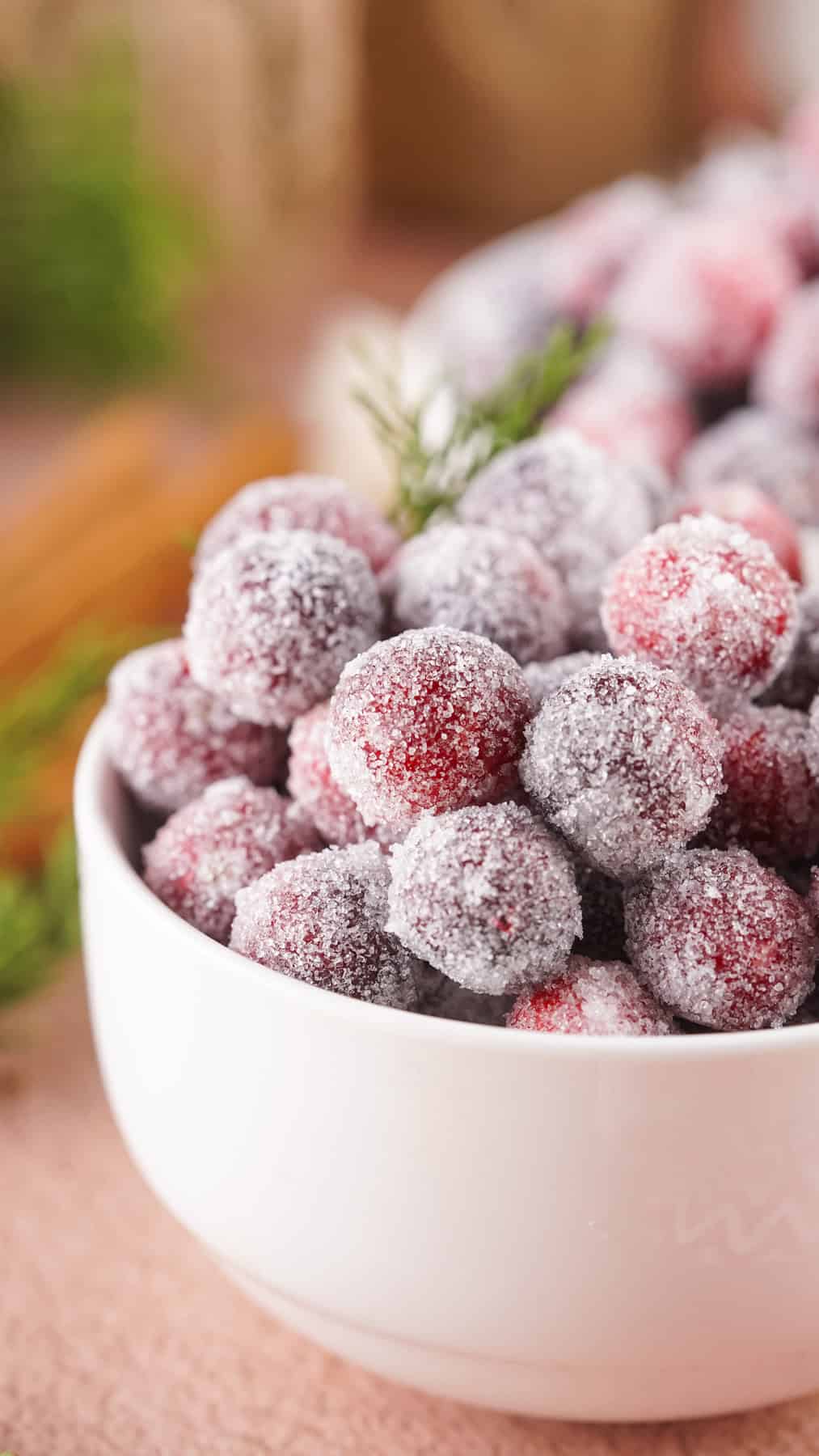 Sugared Cranberries are a gorgeous and easy holiday treat that can be used as a garnish or decoration, or simply a snack! A bowl of sugared cranberries