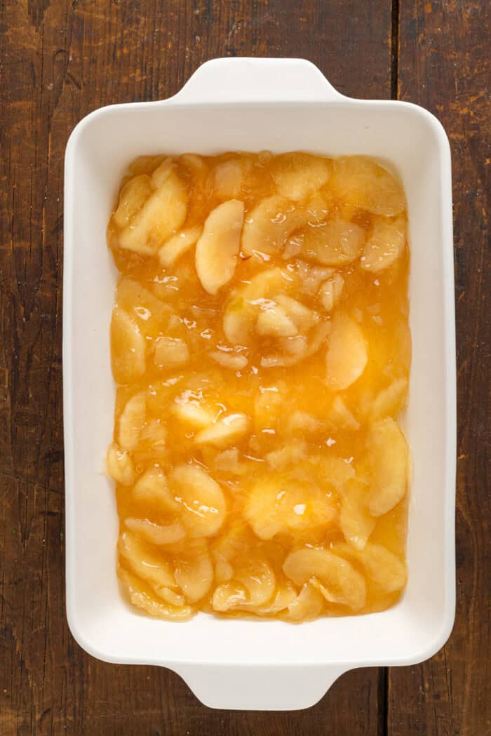 Apple pie filling in a baking dish