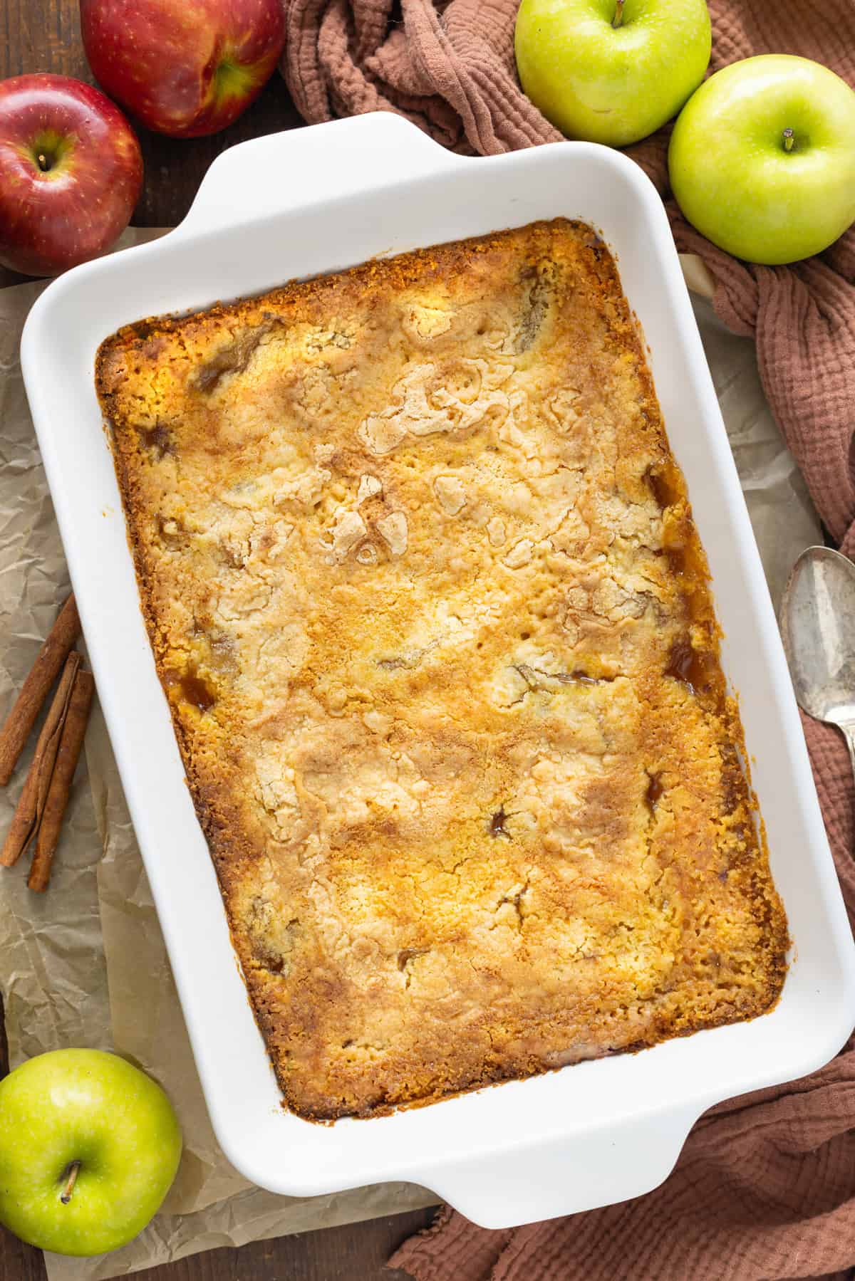 Overhead view of apple dump cake