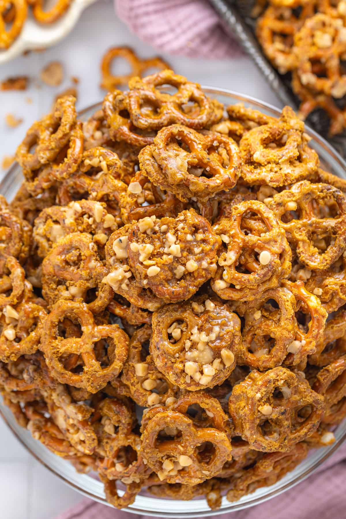 Overhead view of a bowl of butter toffee pretzels