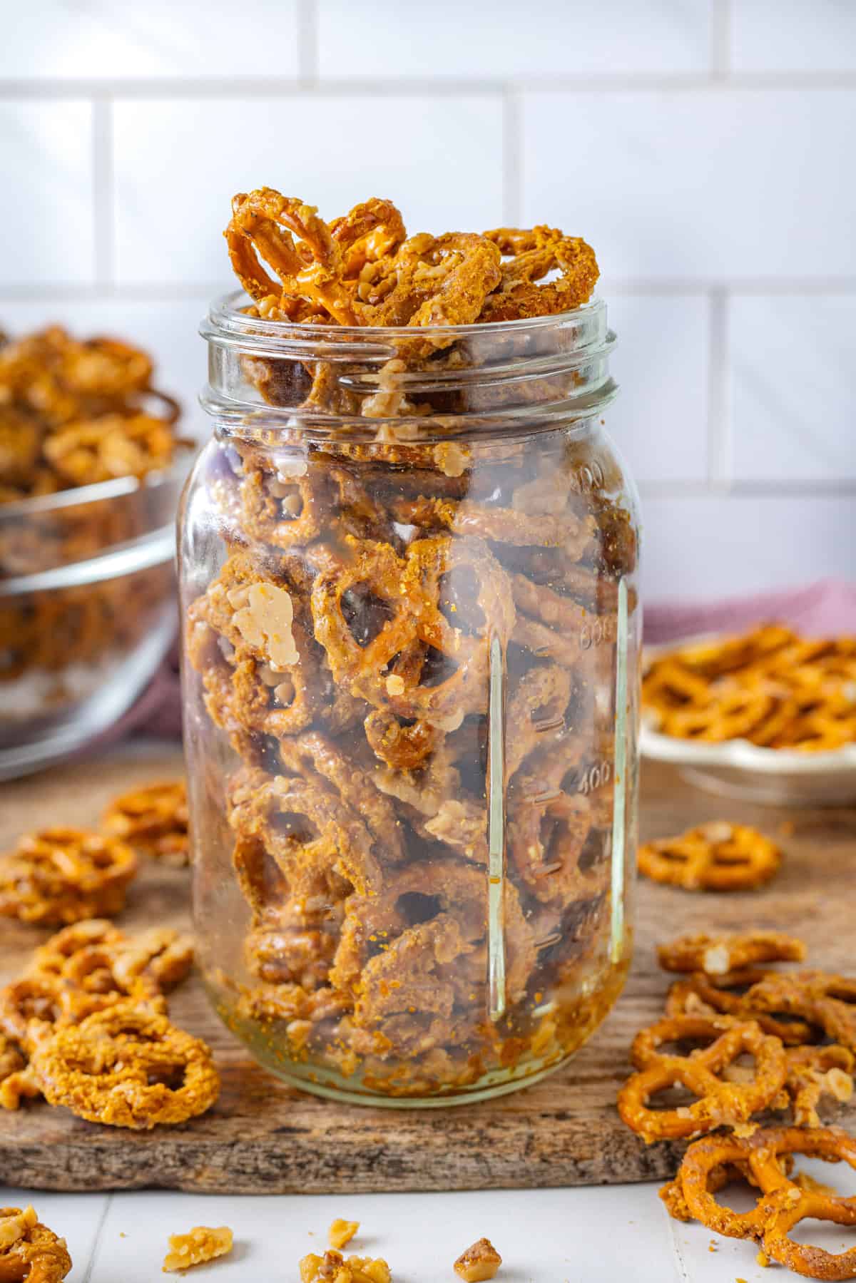 A mason jar of butter toffee pretzels