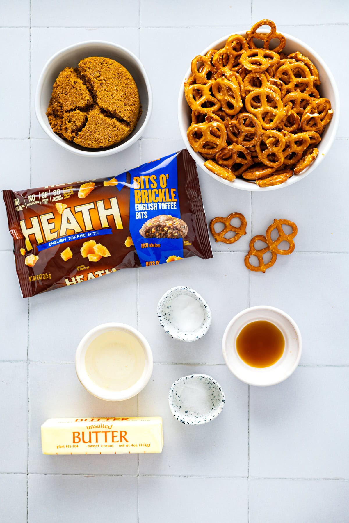 Overhead view of ingredients needed to make butter toffee pretzels