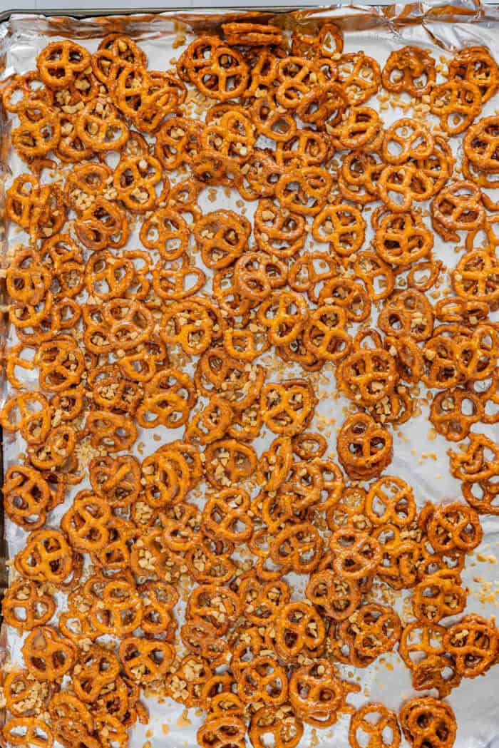 Pretzels spread on a baking sheet