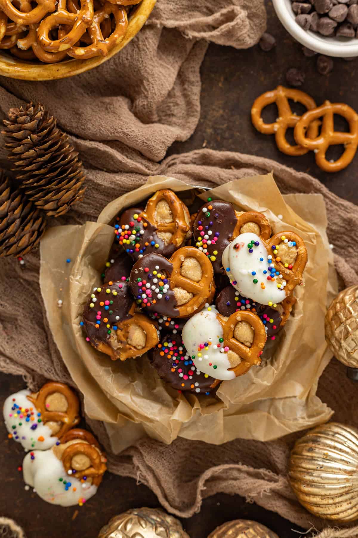 Overhead view of a bowl of peanut butter pretzel bites