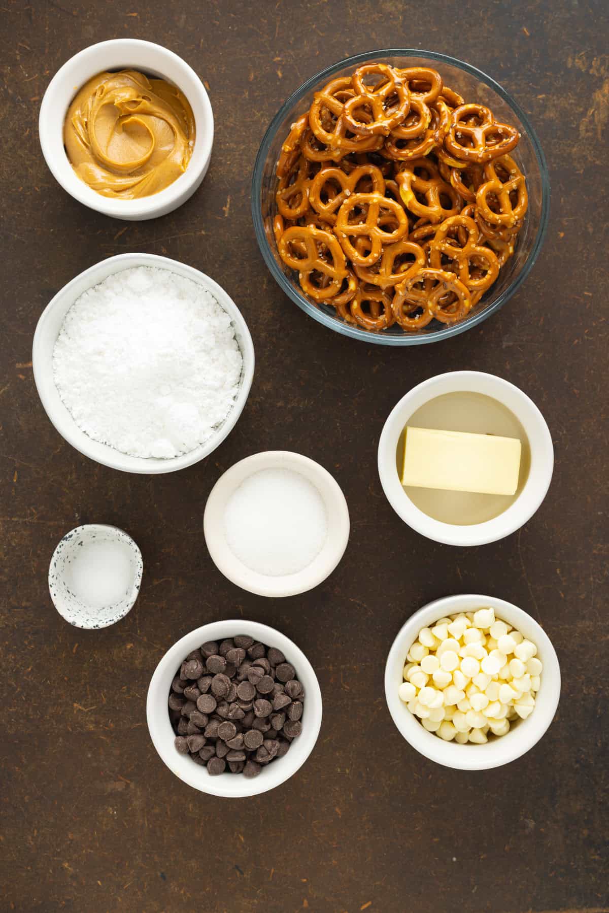 Overhead view of ingredients to make peanut butter pretzel bites